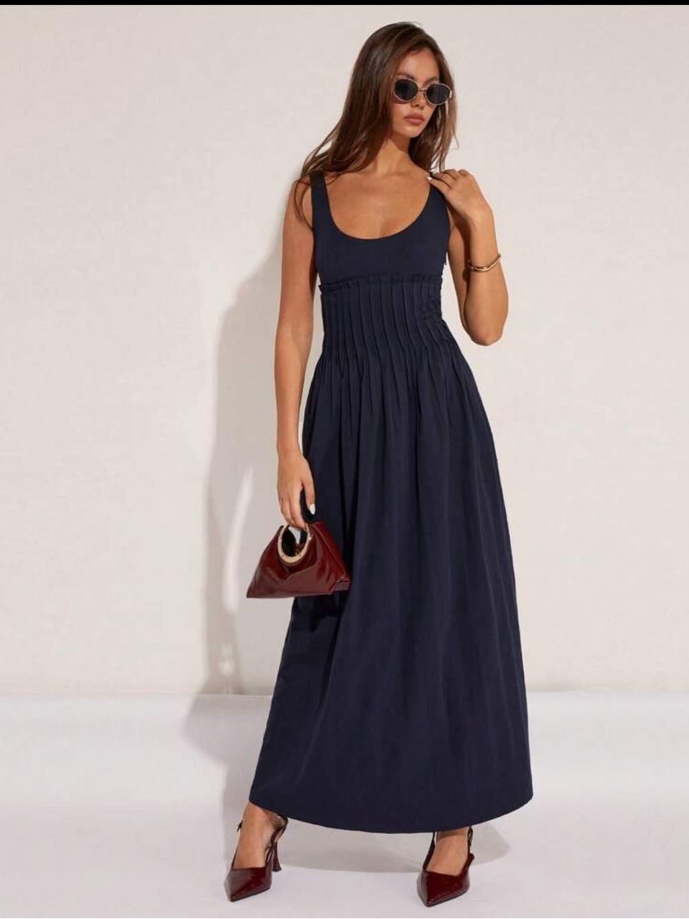Navy Blue Smocked Waist Maxi Dress